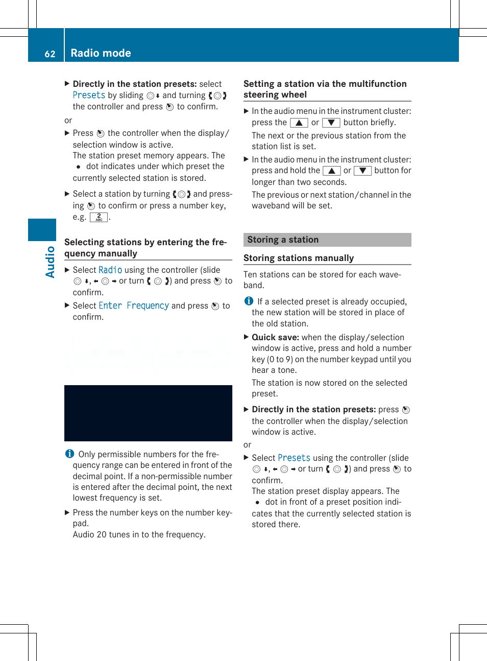 Audio, Radio mode | Mercedes-Benz CLA-Class 2014 Audio 20 Manual User Manual | Page 64 / 106