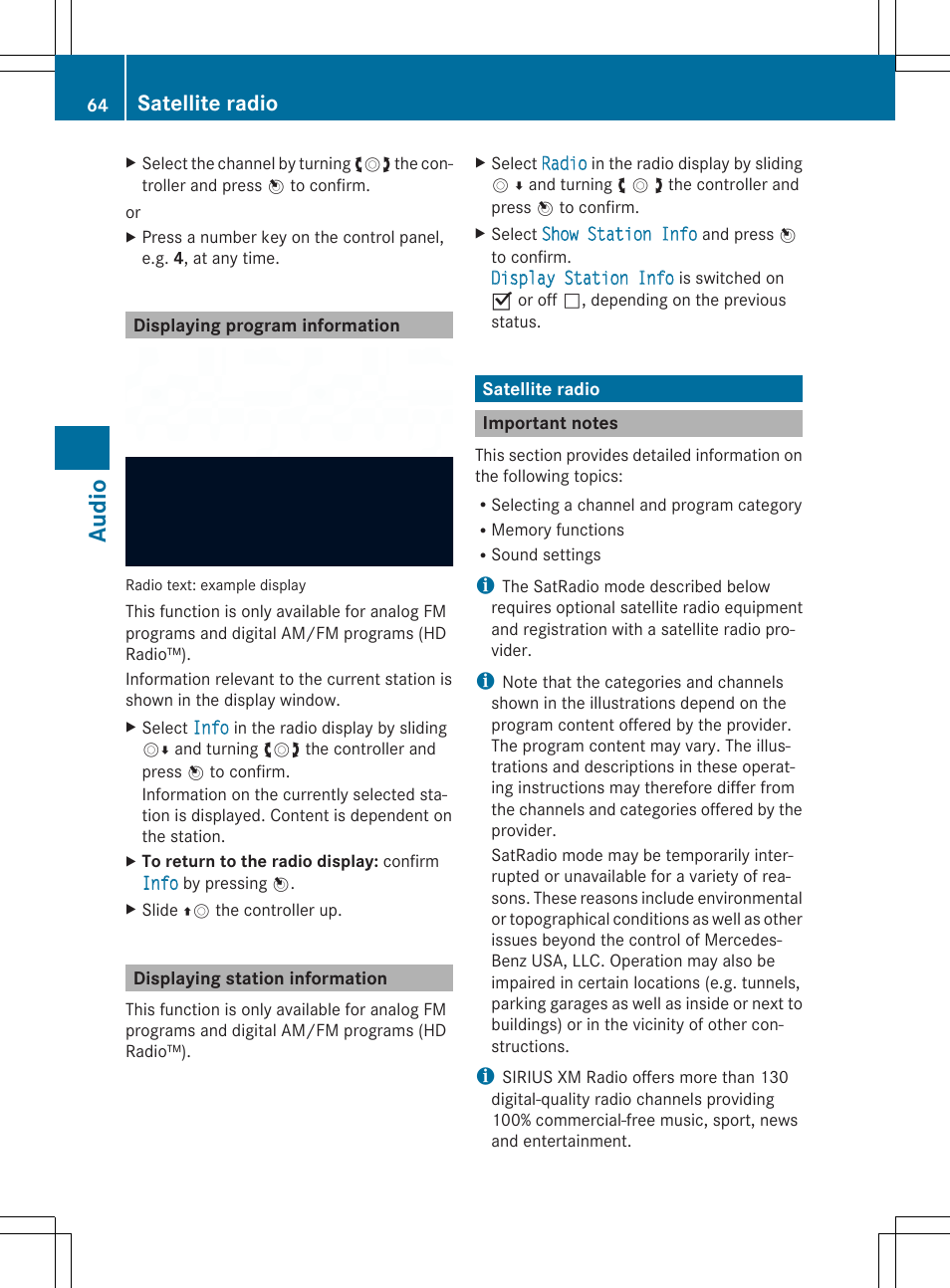 Aud io, Satellite radio | Mercedes-Benz CLA-Class 2014 Audio 20 Manual User Manual | Page 66 / 106