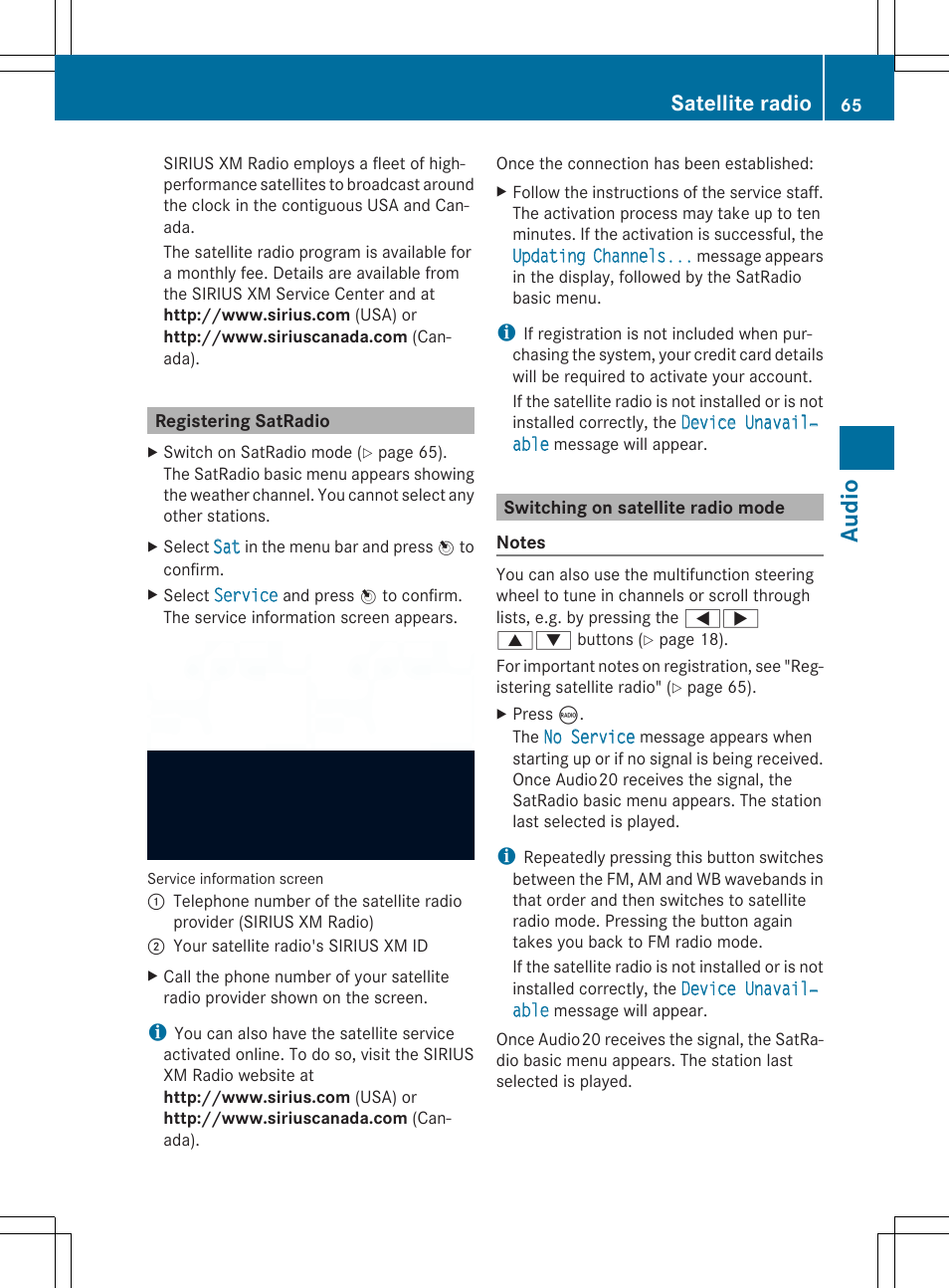 Au dio, Satellite radio | Mercedes-Benz CLA-Class 2014 Audio 20 Manual User Manual | Page 67 / 106