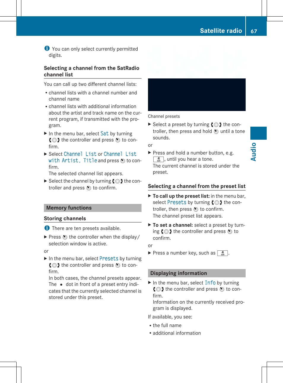 Audio, Satellite radio | Mercedes-Benz CLA-Class 2014 Audio 20 Manual User Manual | Page 69 / 106