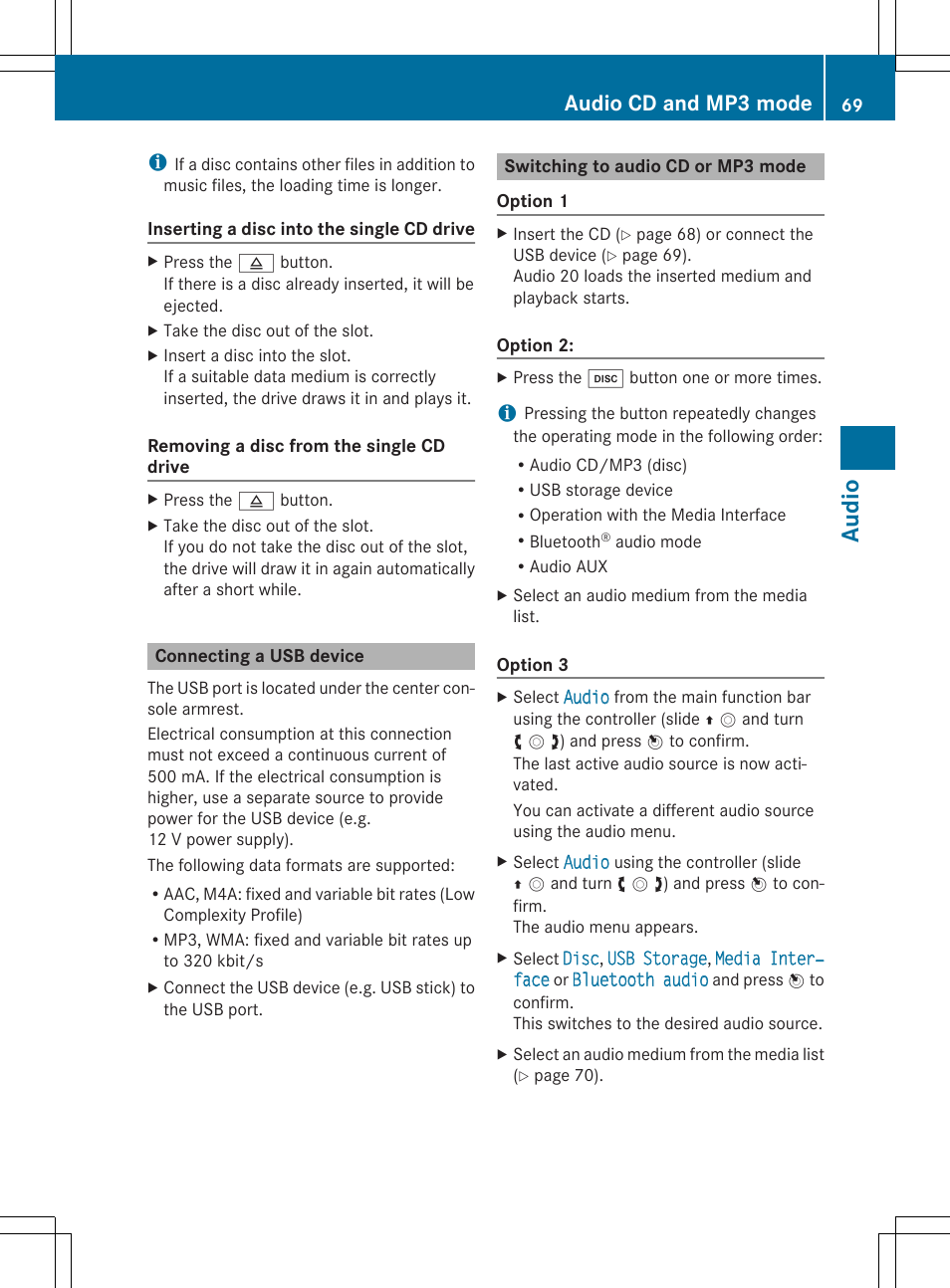 Audio, Audio cd and mp3 mode | Mercedes-Benz CLA-Class 2014 Audio 20 Manual User Manual | Page 71 / 106