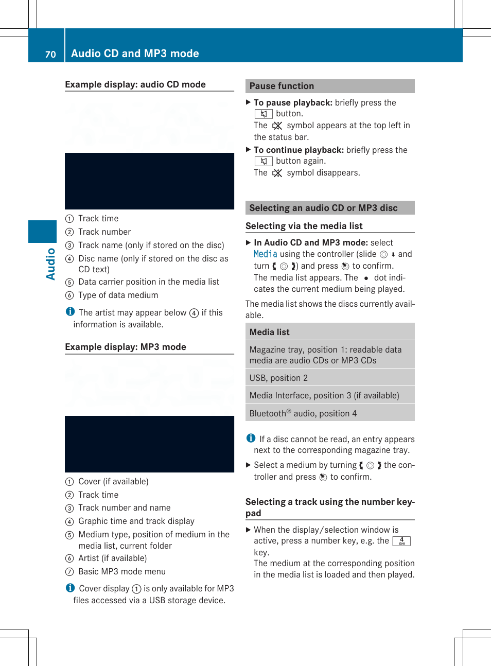 Aud io, Audio cd and mp3 mode | Mercedes-Benz CLA-Class 2014 Audio 20 Manual User Manual | Page 72 / 106