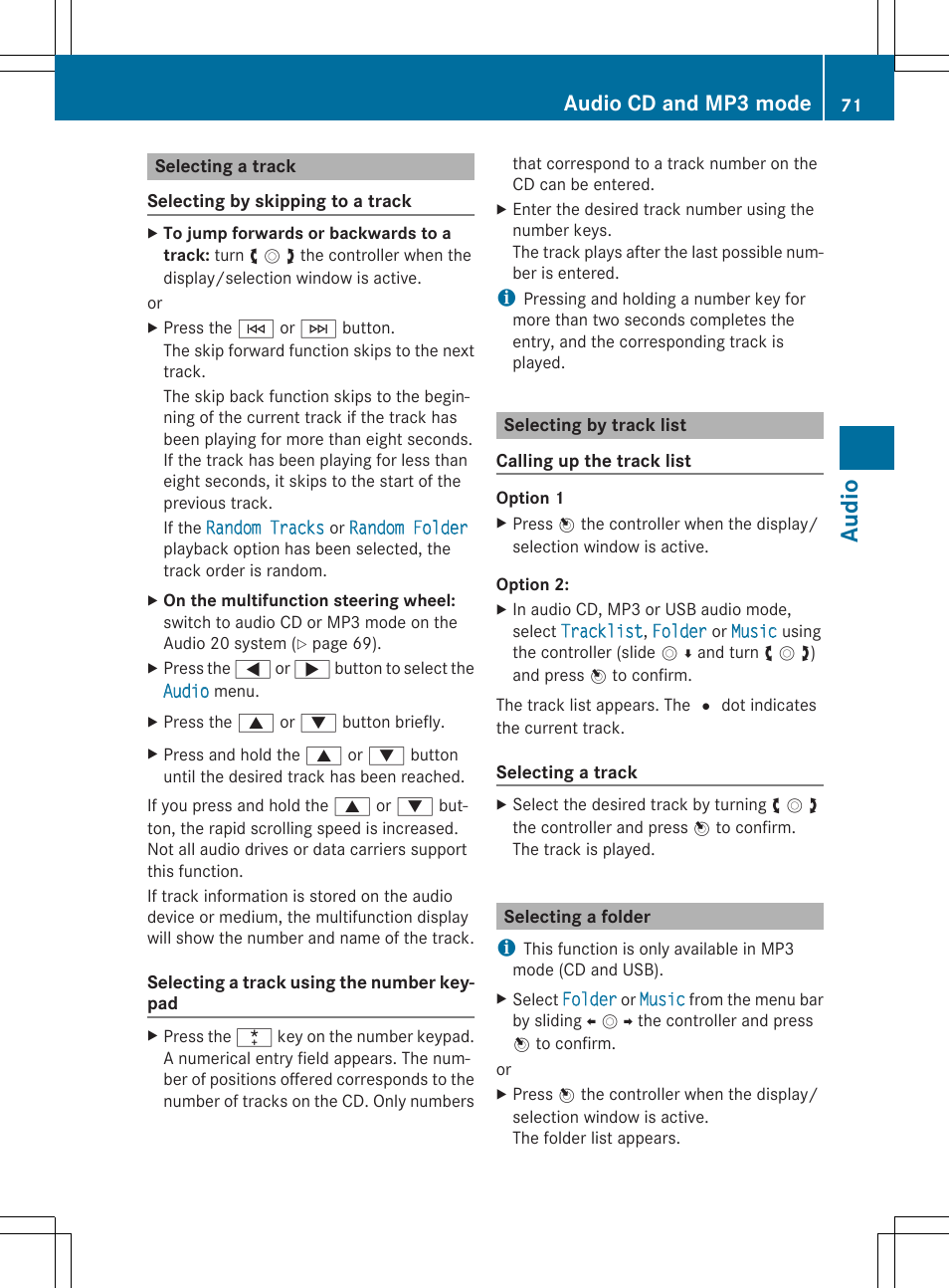 Aud io, Audio cd and mp3 mode | Mercedes-Benz CLA-Class 2014 Audio 20 Manual User Manual | Page 73 / 106