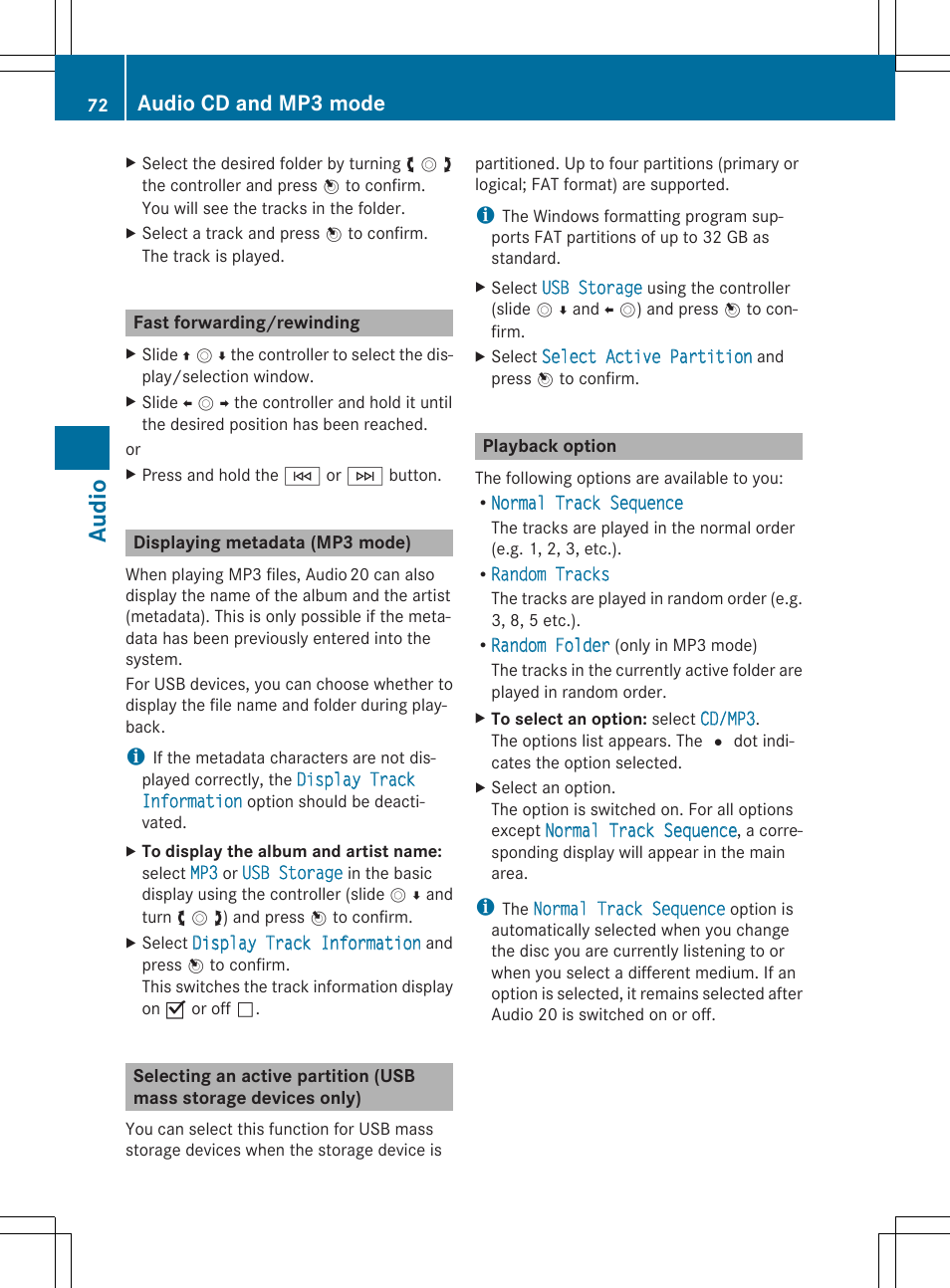 Audio, Audio cd and mp3 mode | Mercedes-Benz CLA-Class 2014 Audio 20 Manual User Manual | Page 74 / 106
