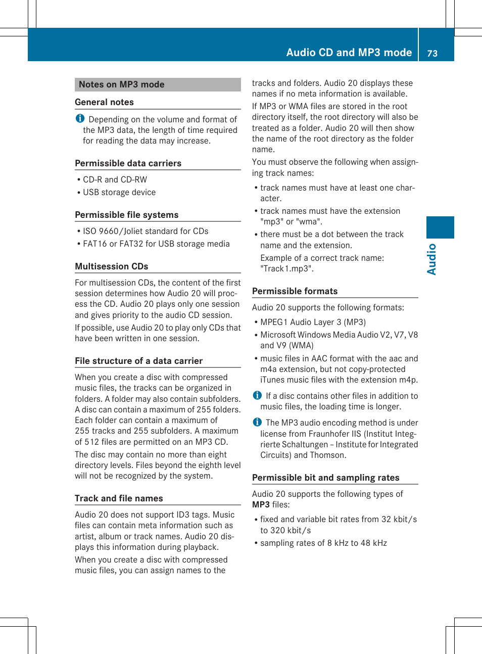 Aud io, Audio cd and mp3 mode | Mercedes-Benz CLA-Class 2014 Audio 20 Manual User Manual | Page 75 / 106
