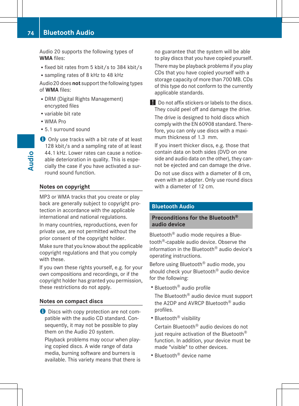 Au dio, Bluetooth audio | Mercedes-Benz CLA-Class 2014 Audio 20 Manual User Manual | Page 76 / 106