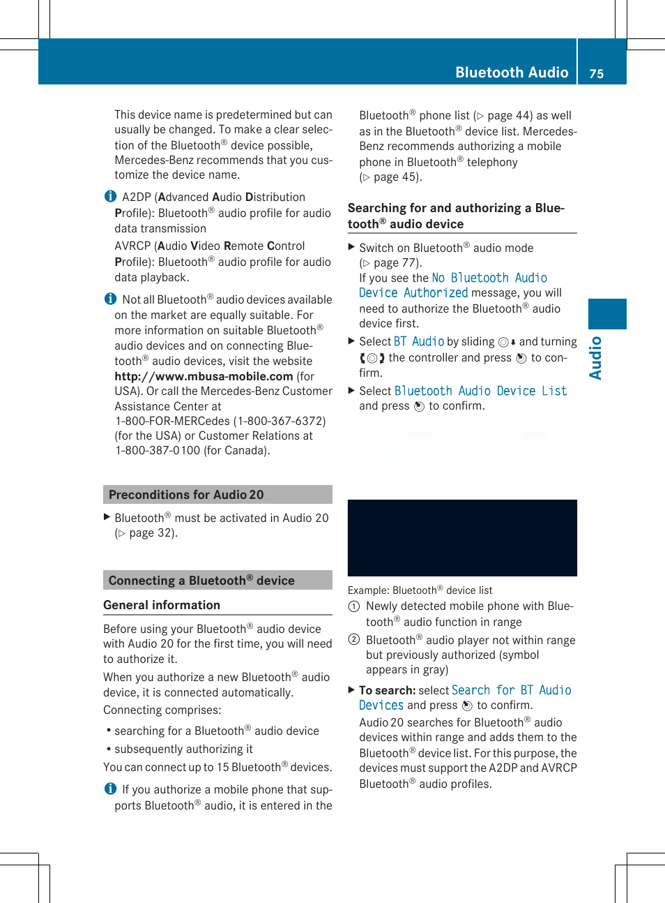 Audio, Bluetooth audio | Mercedes-Benz CLA-Class 2014 Audio 20 Manual User Manual | Page 77 / 106