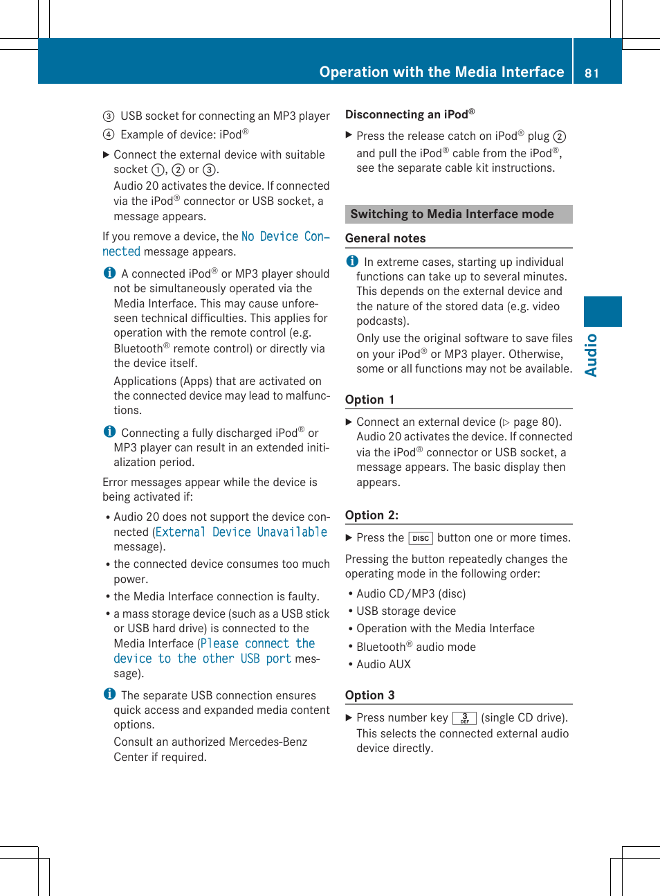 Audio, Operation with the media interface | Mercedes-Benz CLA-Class 2014 Audio 20 Manual User Manual | Page 83 / 106