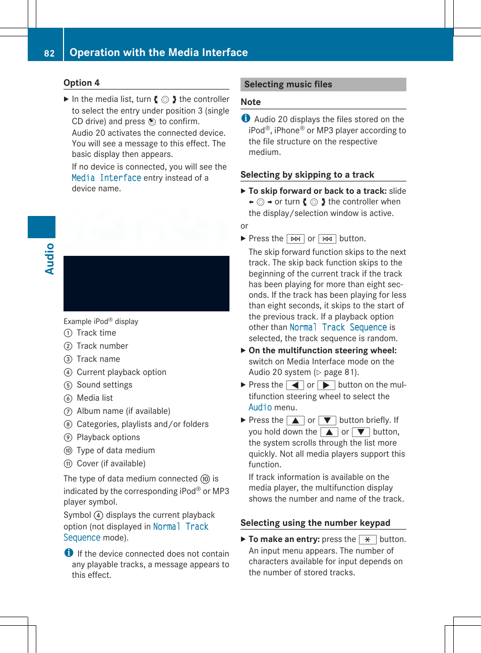 Aud io, Operation with the media interface | Mercedes-Benz CLA-Class 2014 Audio 20 Manual User Manual | Page 84 / 106