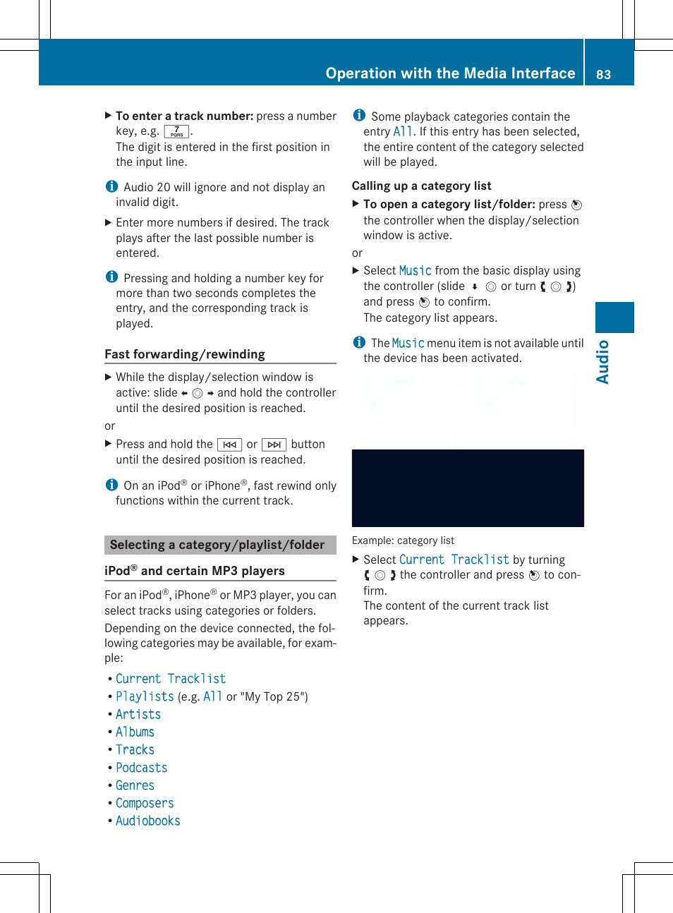 Aud io, Operation with the media interface | Mercedes-Benz CLA-Class 2014 Audio 20 Manual User Manual | Page 85 / 106