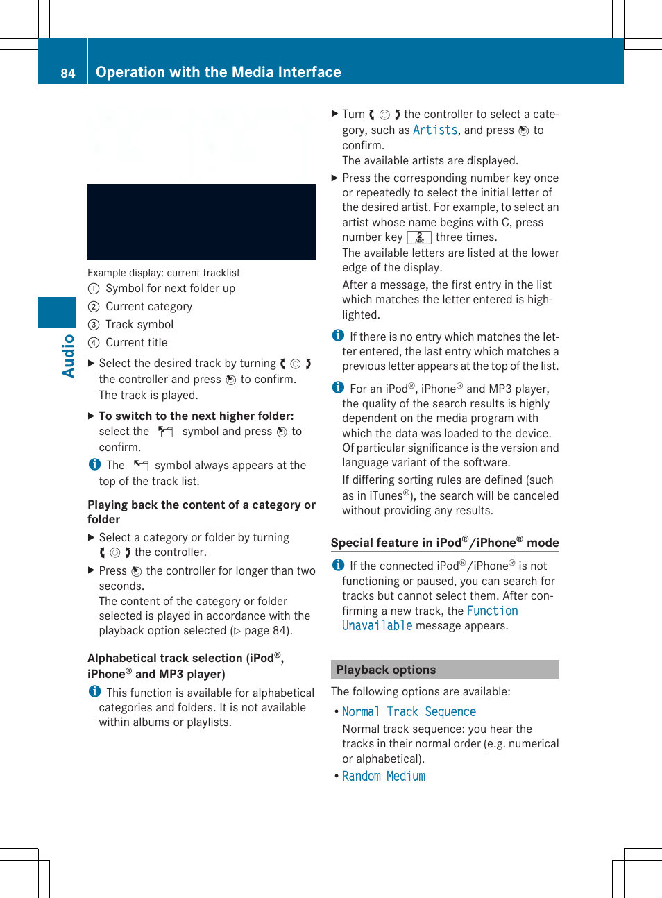 Aud io, Operation with the media interface | Mercedes-Benz CLA-Class 2014 Audio 20 Manual User Manual | Page 86 / 106