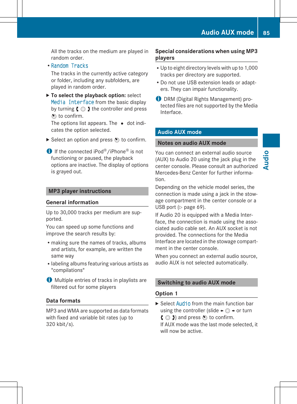 Audio, Audio aux mode | Mercedes-Benz CLA-Class 2014 Audio 20 Manual User Manual | Page 87 / 106
