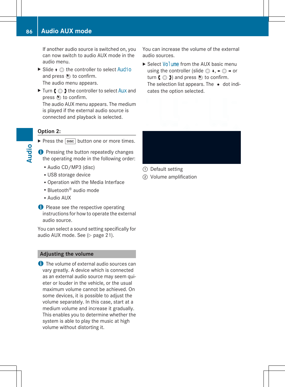 Audio, Audio aux mode | Mercedes-Benz CLA-Class 2014 Audio 20 Manual User Manual | Page 88 / 106