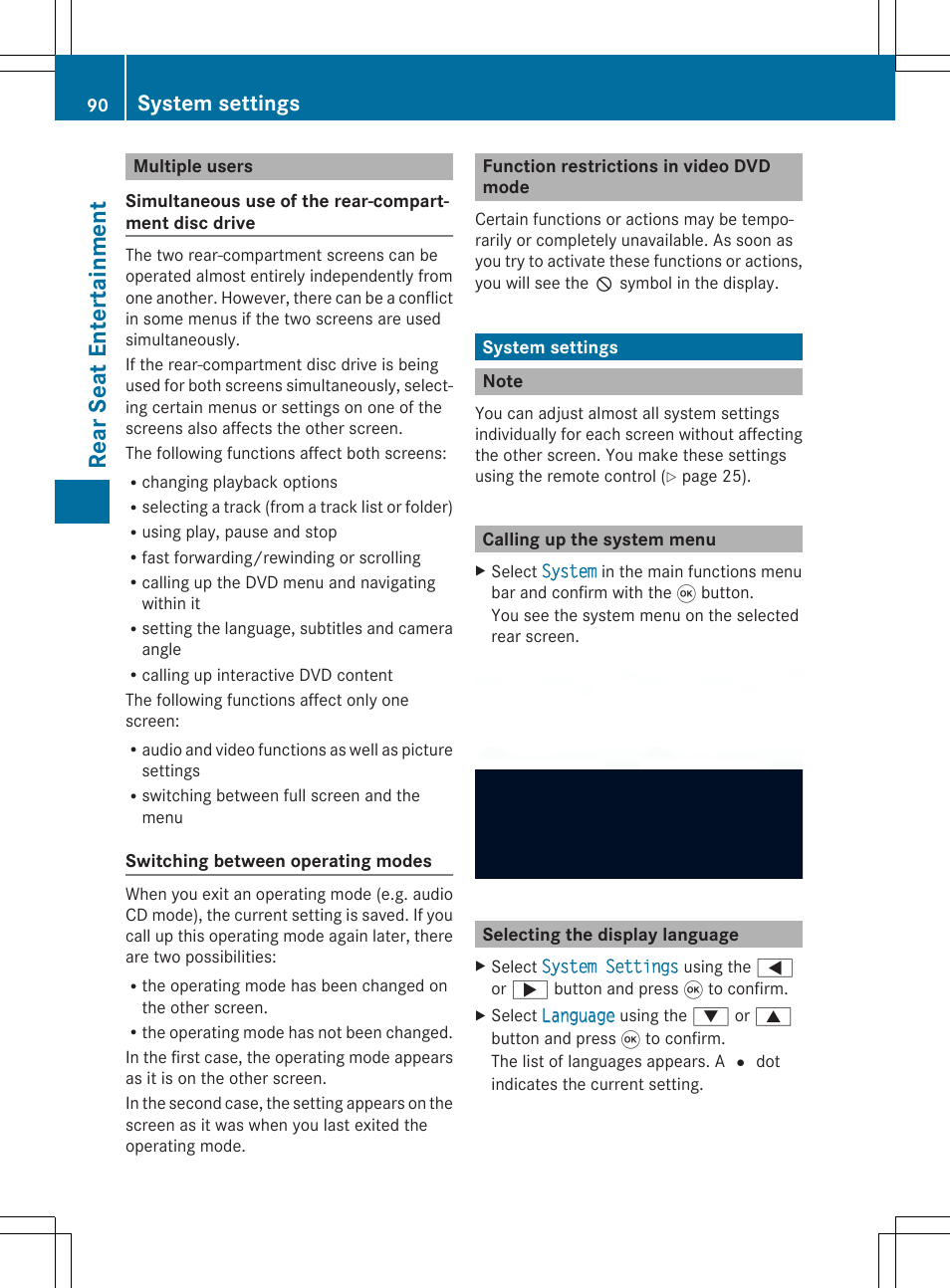 Rear seat entertainment, System settings | Mercedes-Benz CLA-Class 2014 Audio 20 Manual User Manual | Page 92 / 106