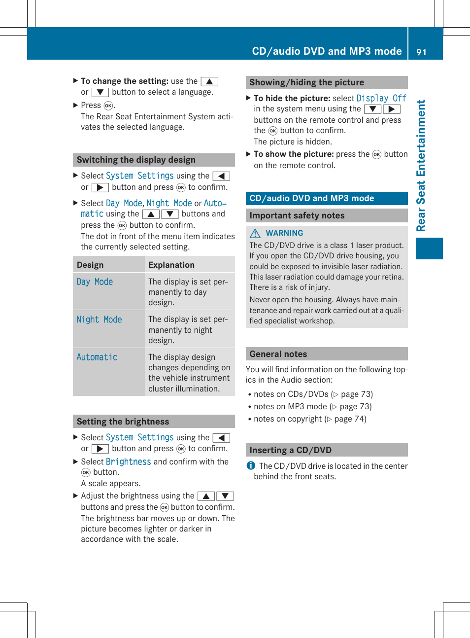 Rear se at en tertai nme nt, Cd/audio dvd and mp3 mode | Mercedes-Benz CLA-Class 2014 Audio 20 Manual User Manual | Page 93 / 106