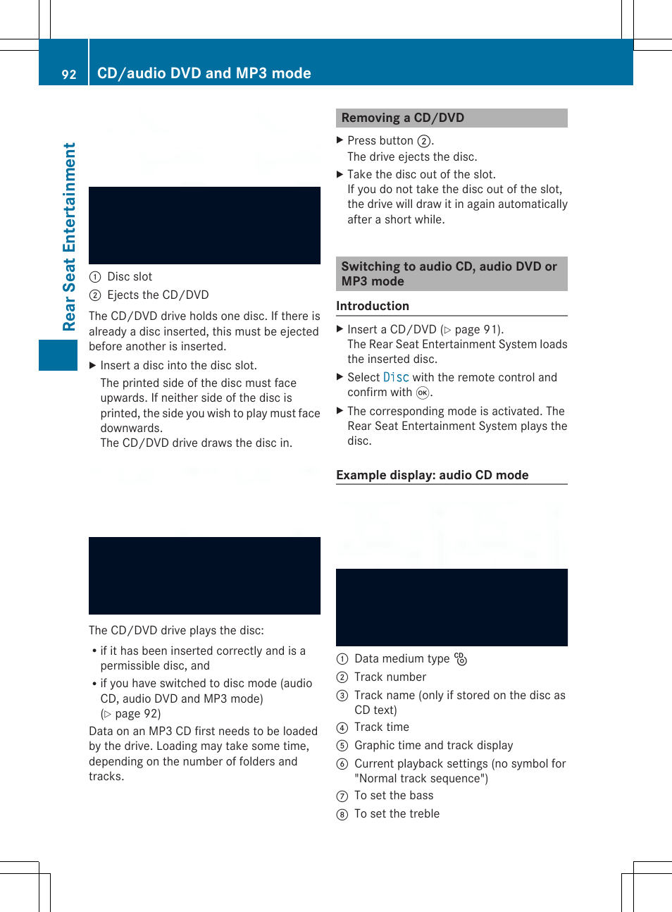 Re ar se at ent er tai nme nt, Cd/audio dvd and mp3 mode | Mercedes-Benz CLA-Class 2014 Audio 20 Manual User Manual | Page 94 / 106