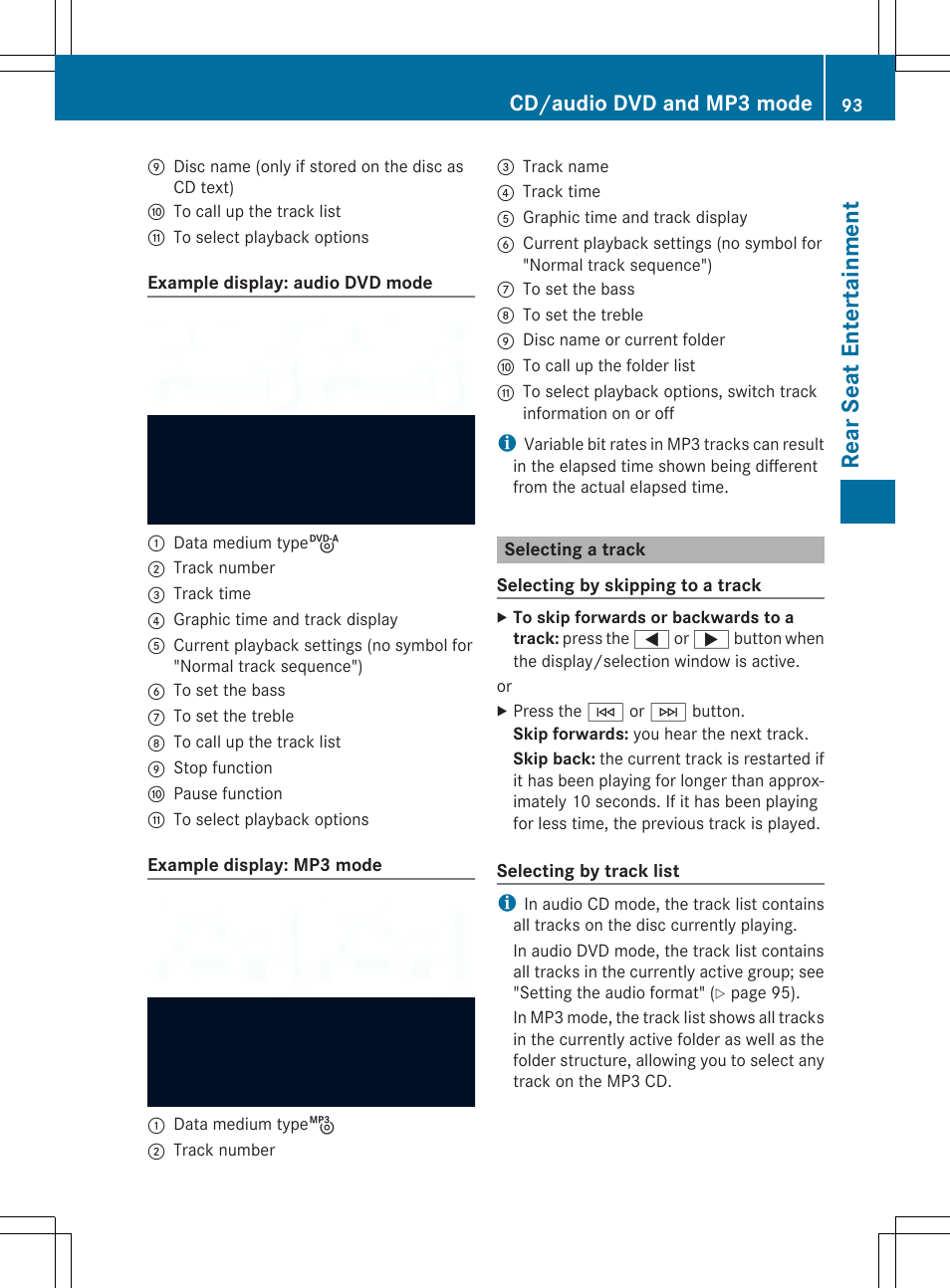 Re ar se at ent er tai nme nt, Cd/audio dvd and mp3 mode | Mercedes-Benz CLA-Class 2014 Audio 20 Manual User Manual | Page 95 / 106