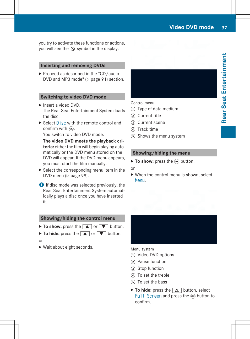 Re ar se at ent er tai nme nt, Video dvd mode | Mercedes-Benz CLA-Class 2014 Audio 20 Manual User Manual | Page 99 / 106