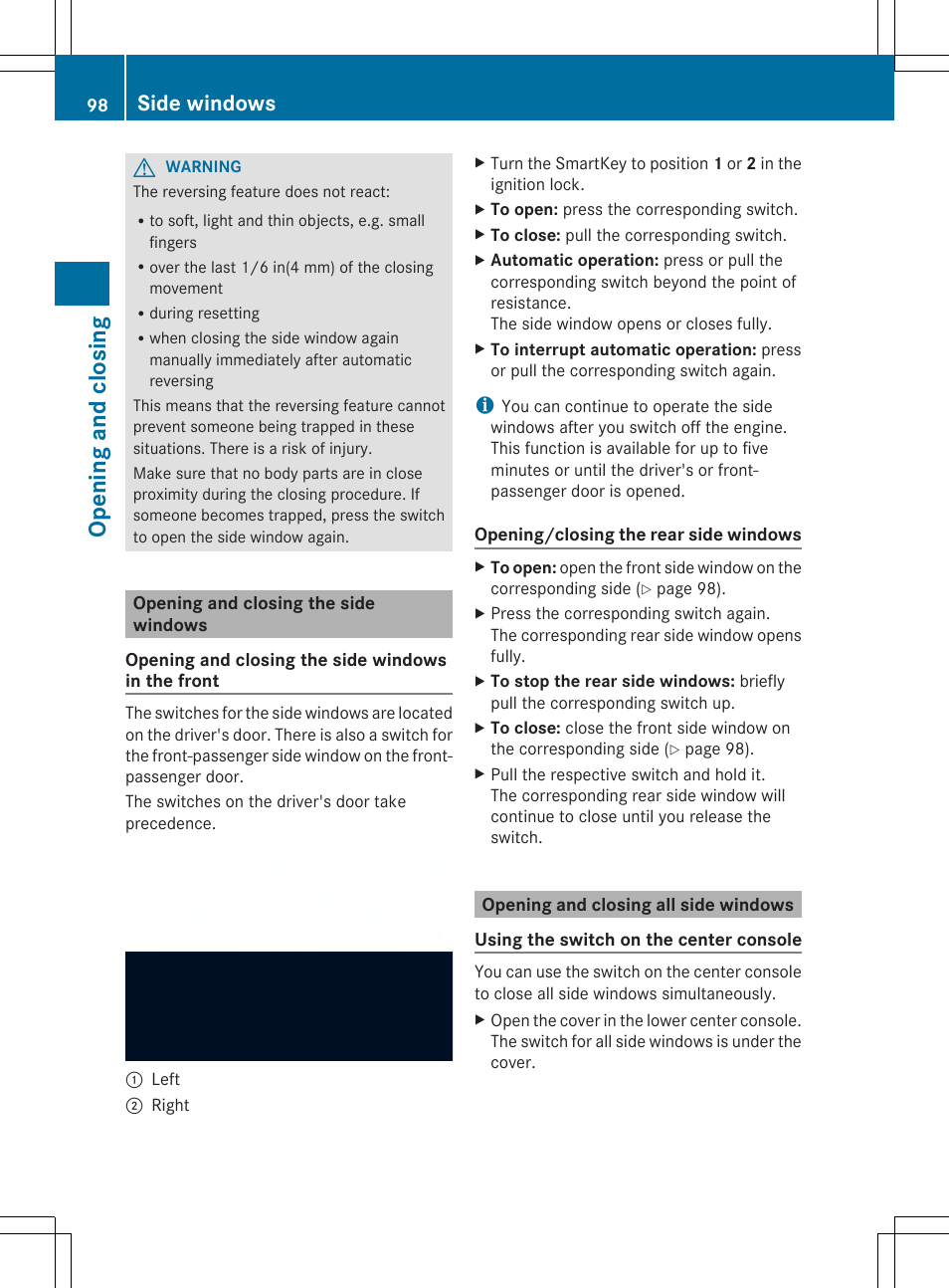 Openi ng and closing, Side windows | Mercedes-Benz SL-Class 2014 Owners Manual User Manual | Page 100 / 618