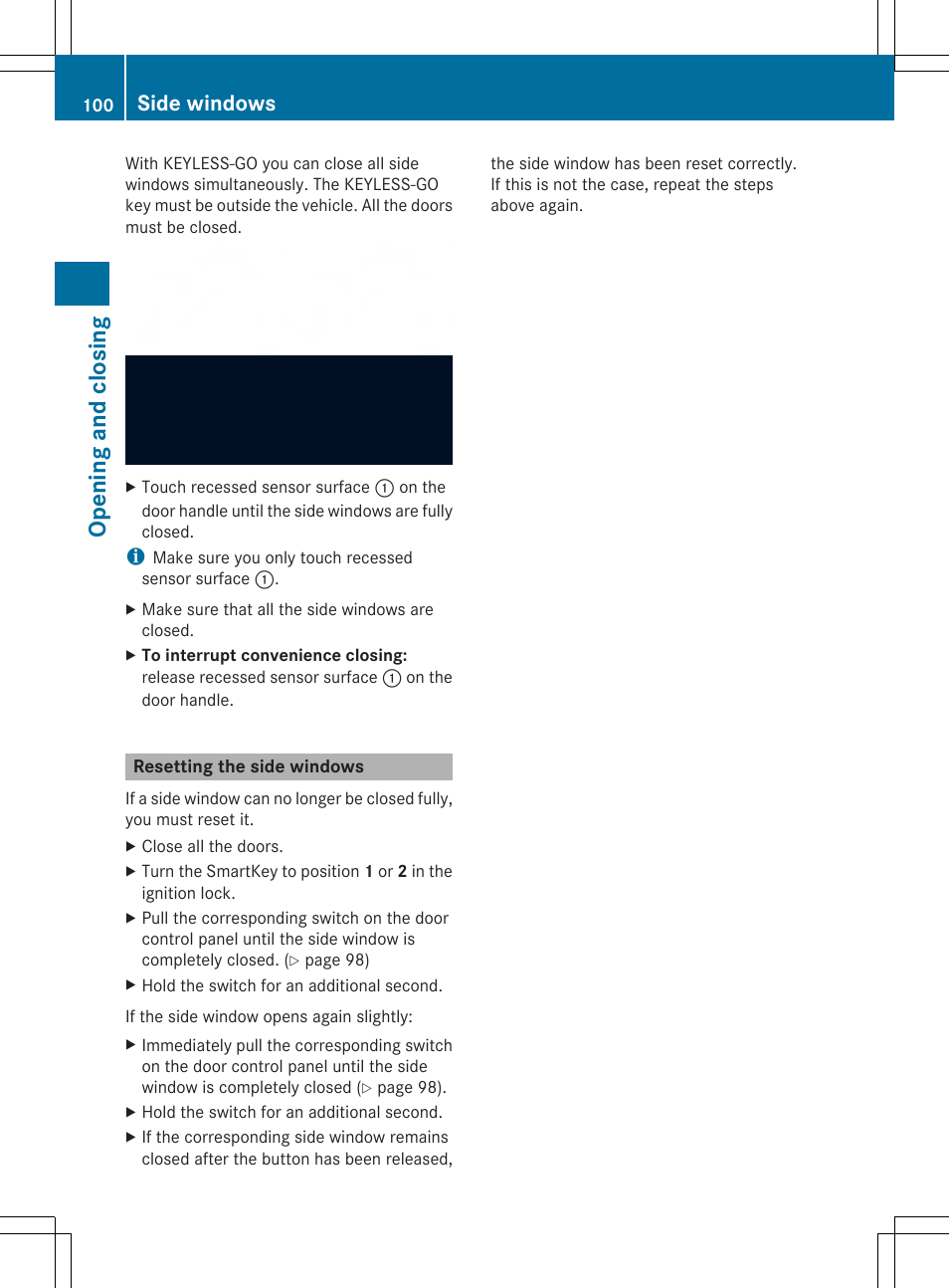 Opening and closi ng, Side windows | Mercedes-Benz SL-Class 2014 Owners Manual User Manual | Page 102 / 618