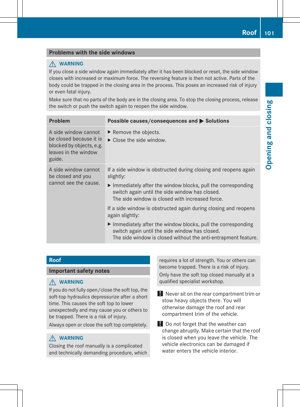 Opening and closing, Roof | Mercedes-Benz SL-Class 2014 Owners Manual User Manual | Page 103 / 618