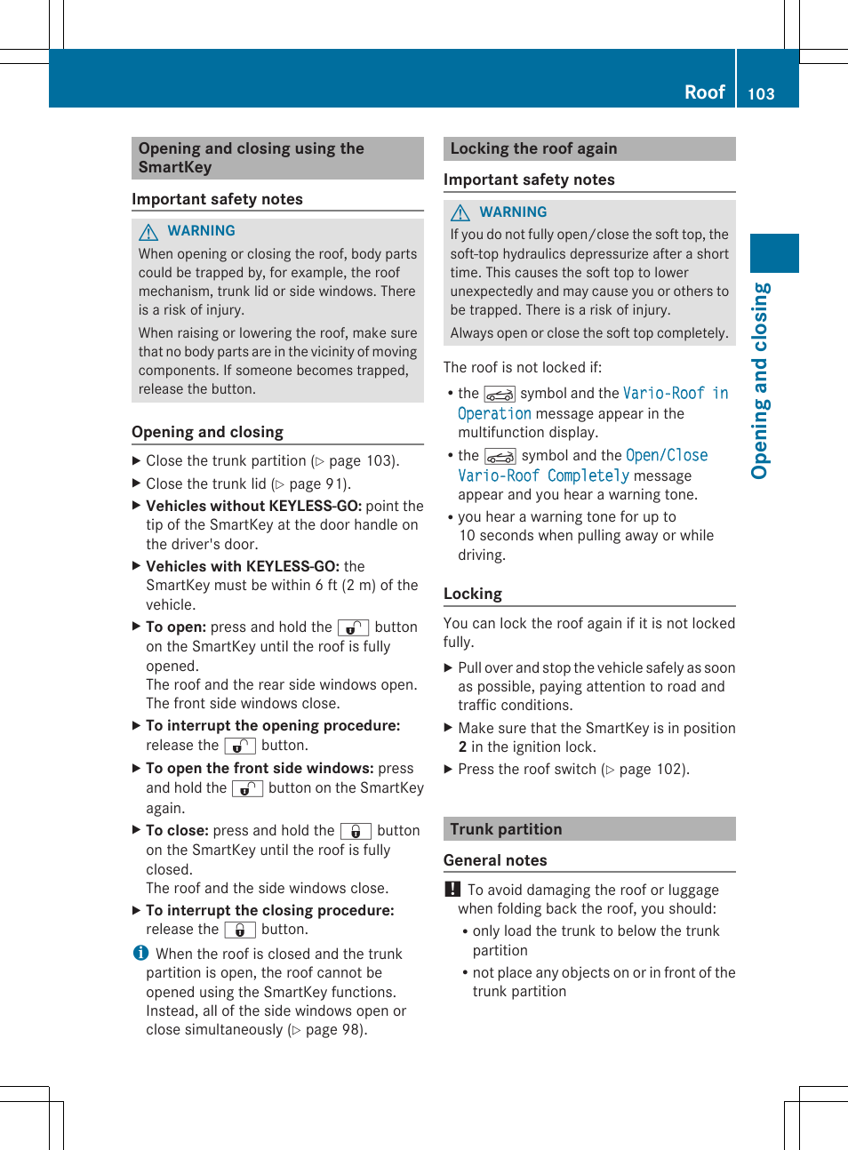 Opening and closi ng, Roof | Mercedes-Benz SL-Class 2014 Owners Manual User Manual | Page 105 / 618
