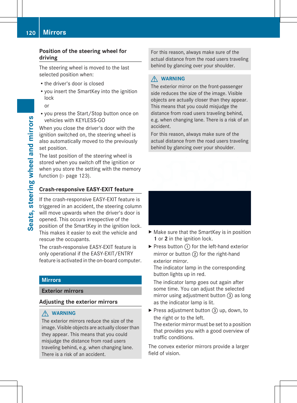 Seats, steering wheel and mirrors, Mirrors | Mercedes-Benz SL-Class 2014 Owners Manual User Manual | Page 122 / 618