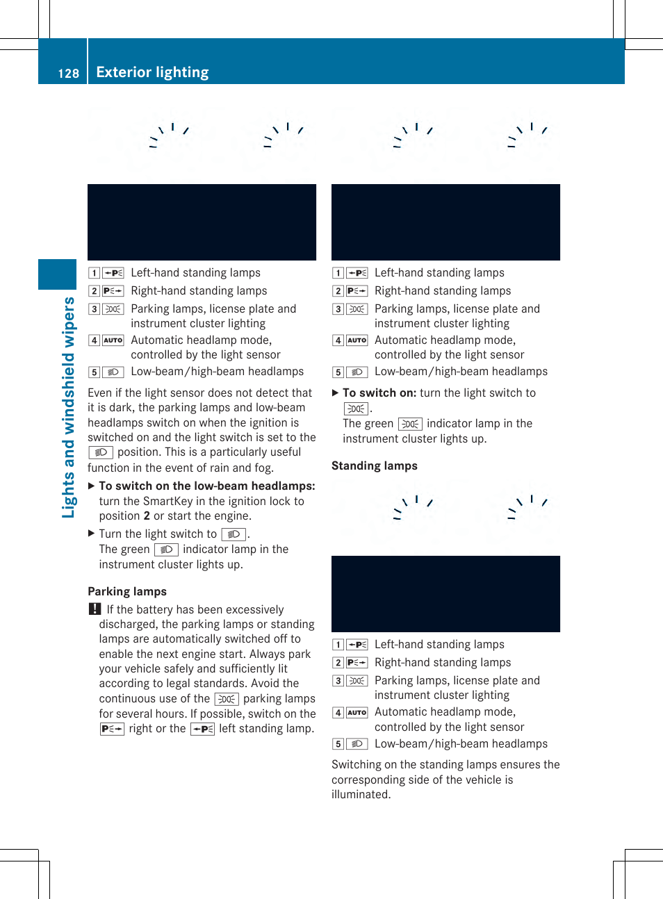 Lights and windshield wipers, Exterior lighting | Mercedes-Benz SL-Class 2014 Owners Manual User Manual | Page 130 / 618