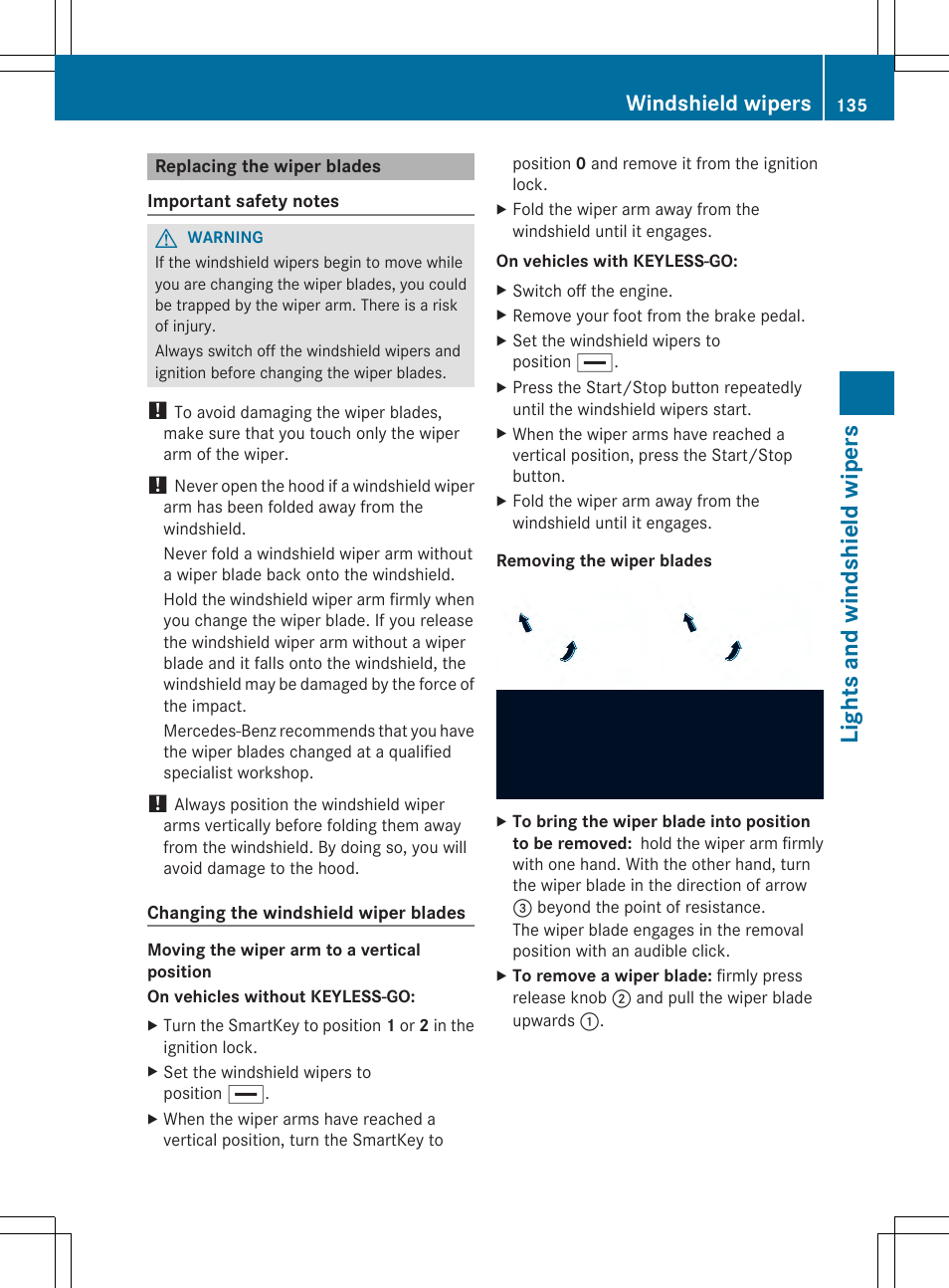 Li ghts and wi ndsh ie ld wi pers, Windshield wipers | Mercedes-Benz SL-Class 2014 Owners Manual User Manual | Page 137 / 618