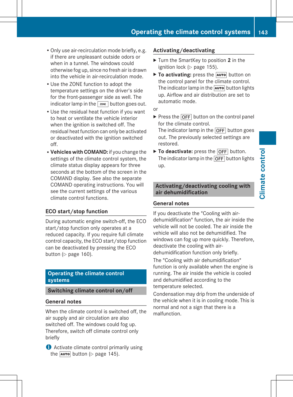 Climate control, Operating the climate control systems | Mercedes-Benz SL-Class 2014 Owners Manual User Manual | Page 145 / 618