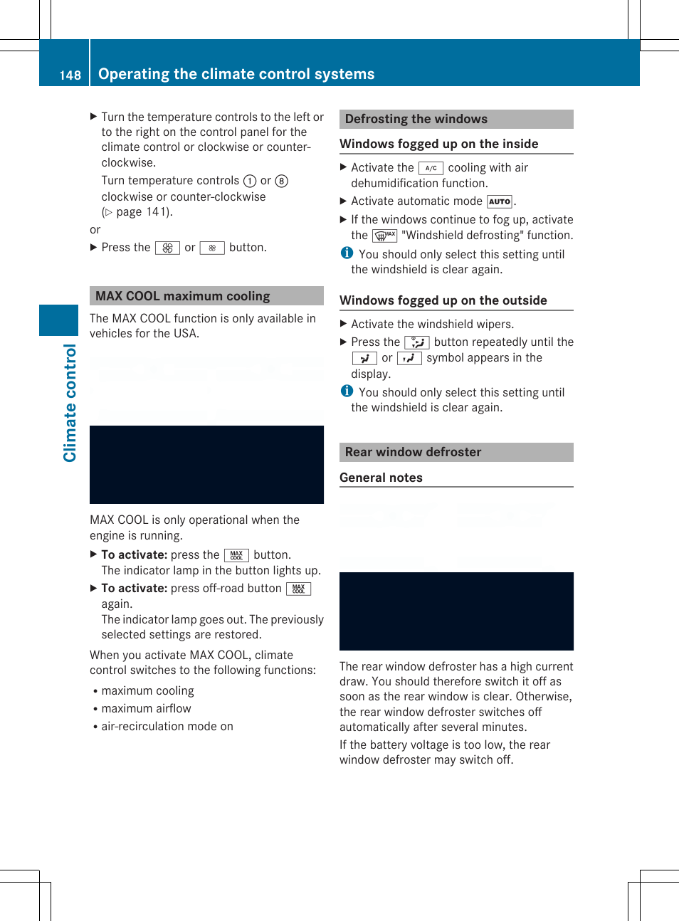 Climate control, Operating the climate control systems | Mercedes-Benz SL-Class 2014 Owners Manual User Manual | Page 150 / 618