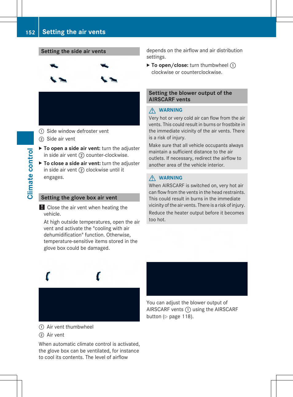 Climate control, Setting the air vents | Mercedes-Benz SL-Class 2014 Owners Manual User Manual | Page 154 / 618