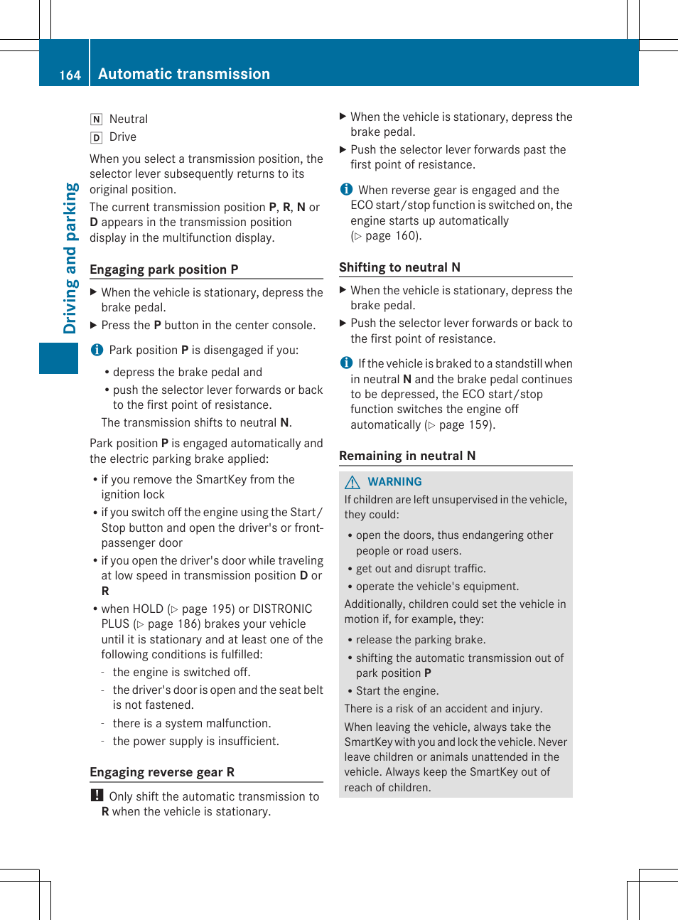 Driving and parking, Automatic transmission | Mercedes-Benz SL-Class 2014 Owners Manual User Manual | Page 166 / 618