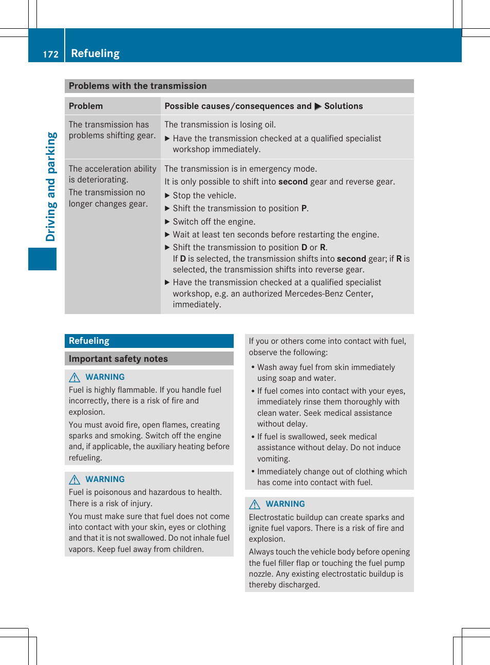 Driving and parking, Refueling | Mercedes-Benz SL-Class 2014 Owners Manual User Manual | Page 174 / 618