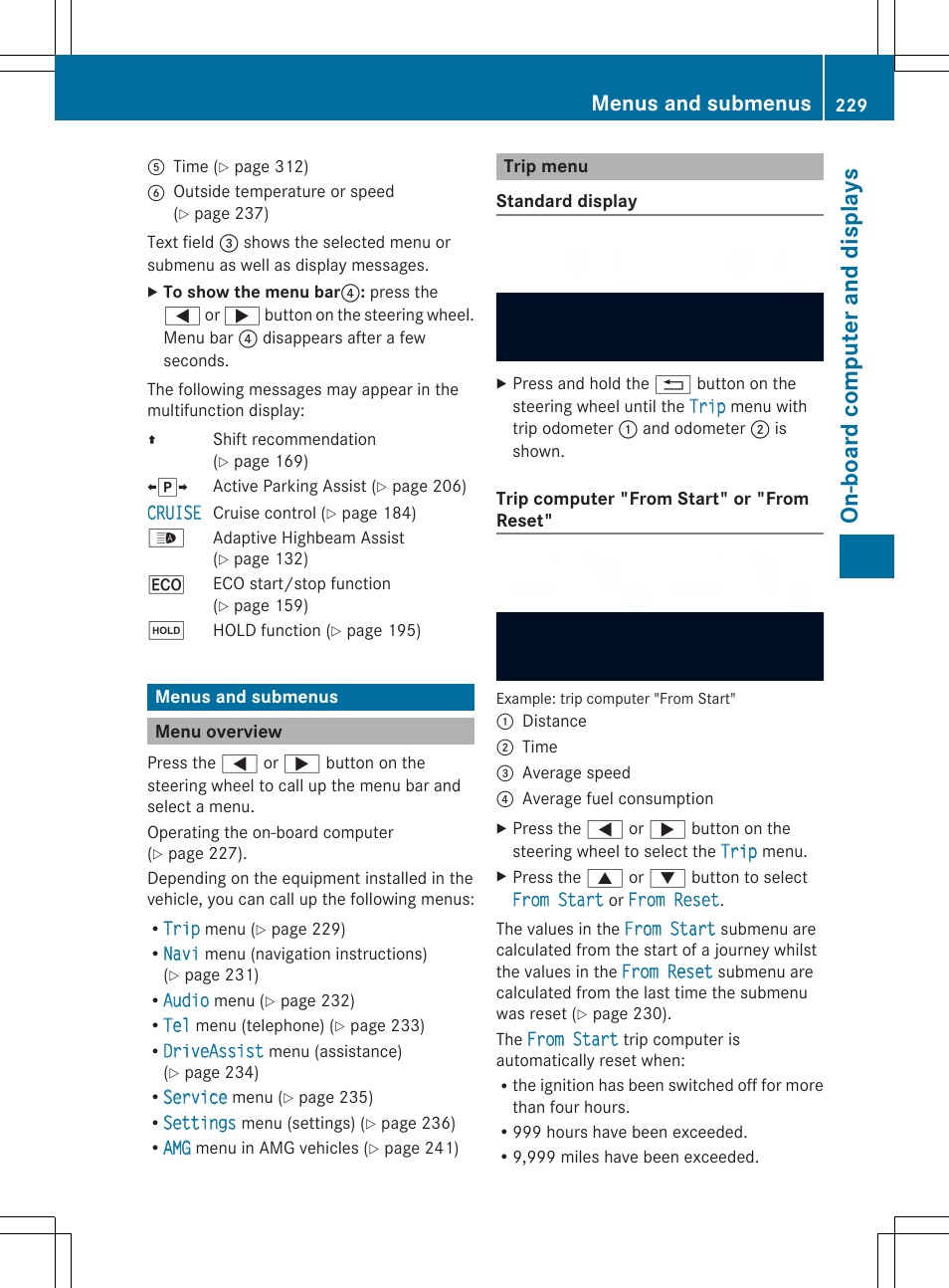 On-board computer and display s, Menus and submenus | Mercedes-Benz SL-Class 2014 Owners Manual User Manual | Page 231 / 618