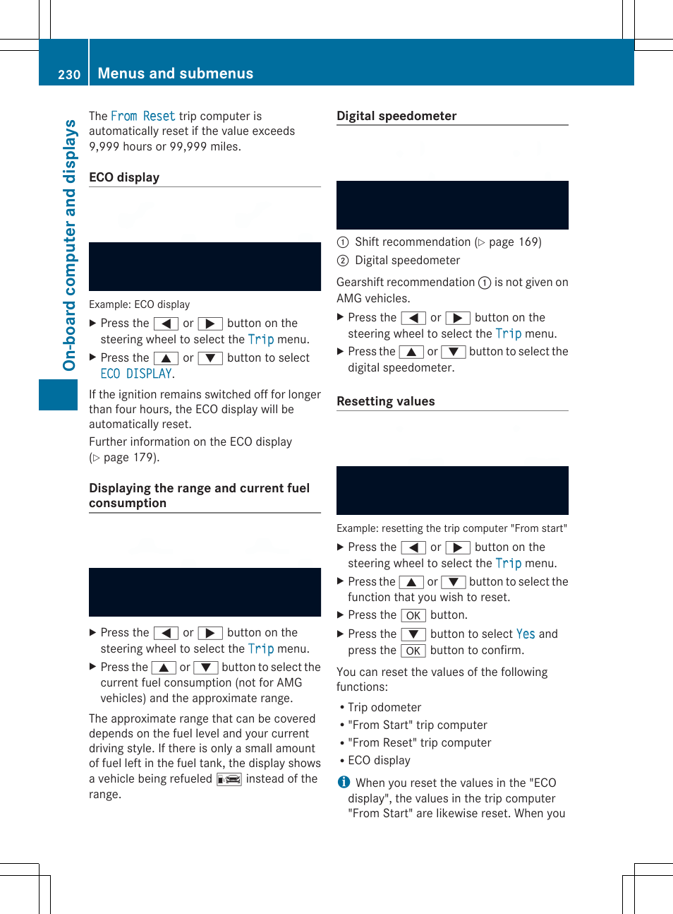 On-board computer and display s, Menus and submenus | Mercedes-Benz SL-Class 2014 Owners Manual User Manual | Page 232 / 618