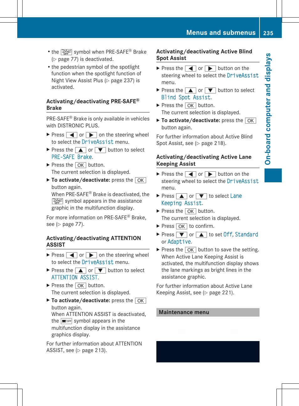 On -bo ard co mputer and dis play s, Menus and submenus | Mercedes-Benz SL-Class 2014 Owners Manual User Manual | Page 237 / 618