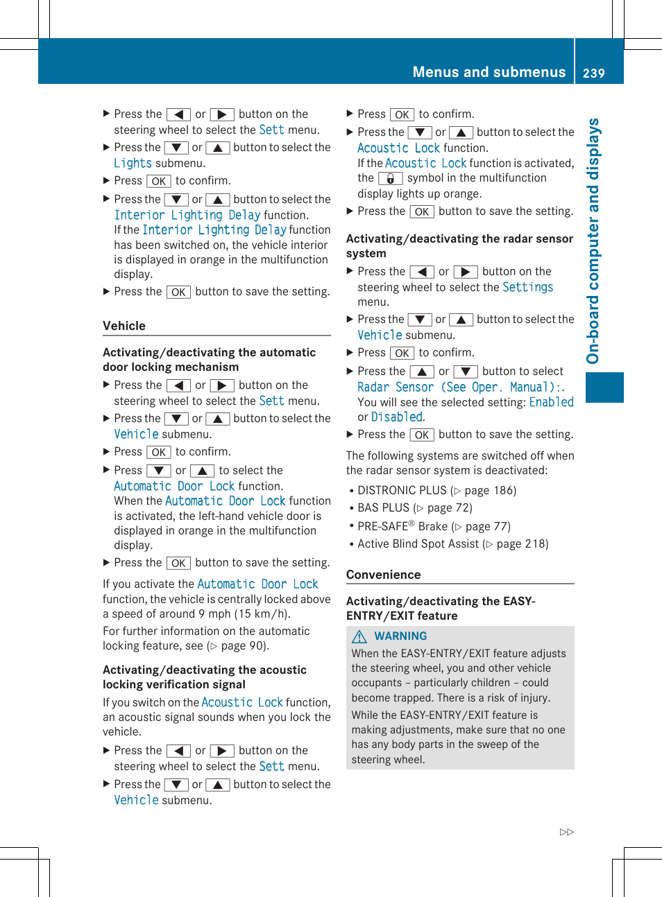 On-board comput er and display s, Menus and submenus | Mercedes-Benz SL-Class 2014 Owners Manual User Manual | Page 241 / 618