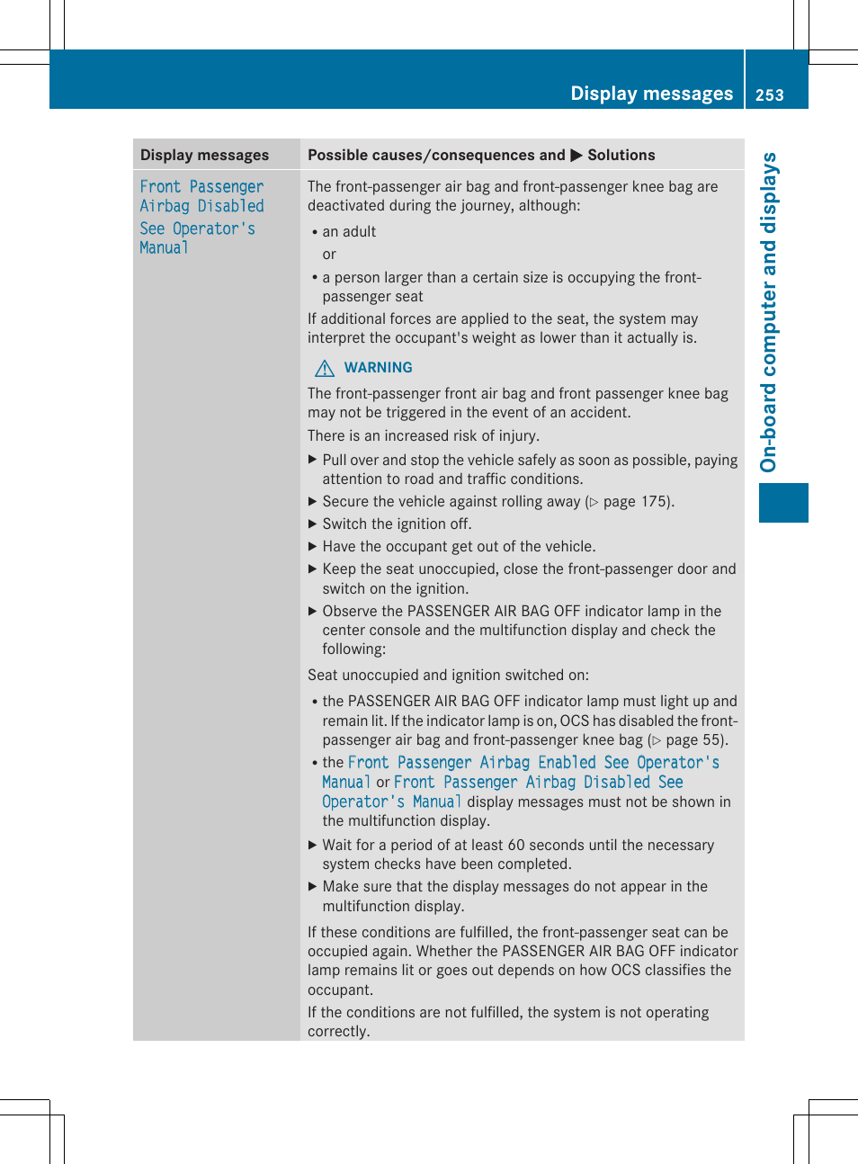 On -b oar d comp ut er an d di sp lay s, Display messages | Mercedes-Benz SL-Class 2014 Owners Manual User Manual | Page 255 / 618