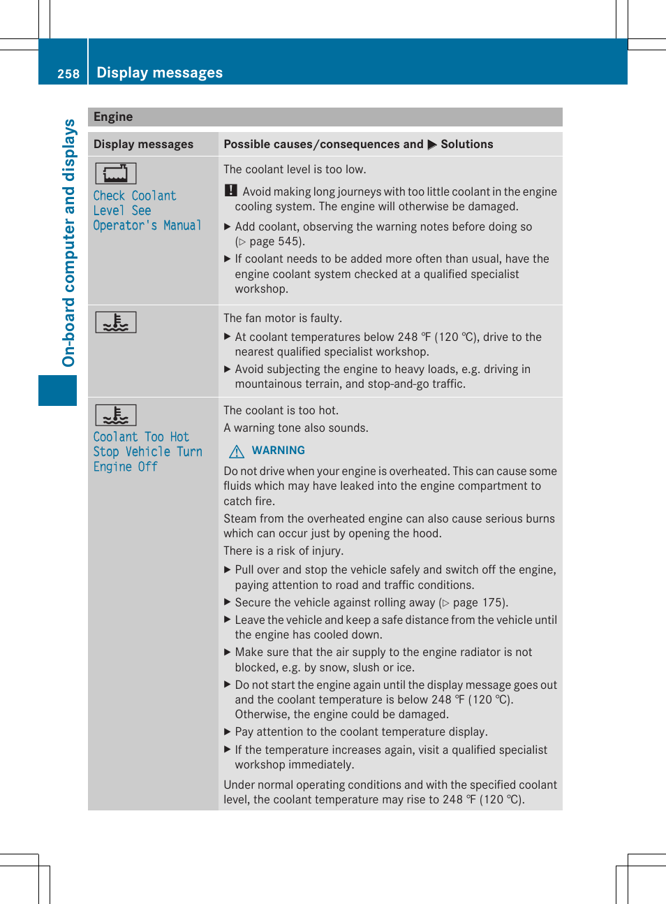 On- boar d comp ut er and dis pla ys, Display messages | Mercedes-Benz SL-Class 2014 Owners Manual User Manual | Page 260 / 618