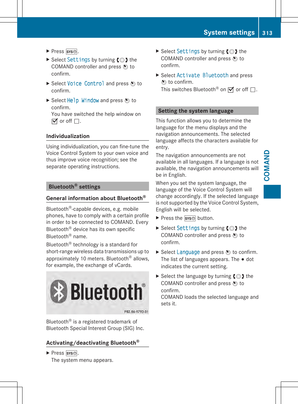 Comand, System settings | Mercedes-Benz SL-Class 2014 Owners Manual User Manual | Page 315 / 618