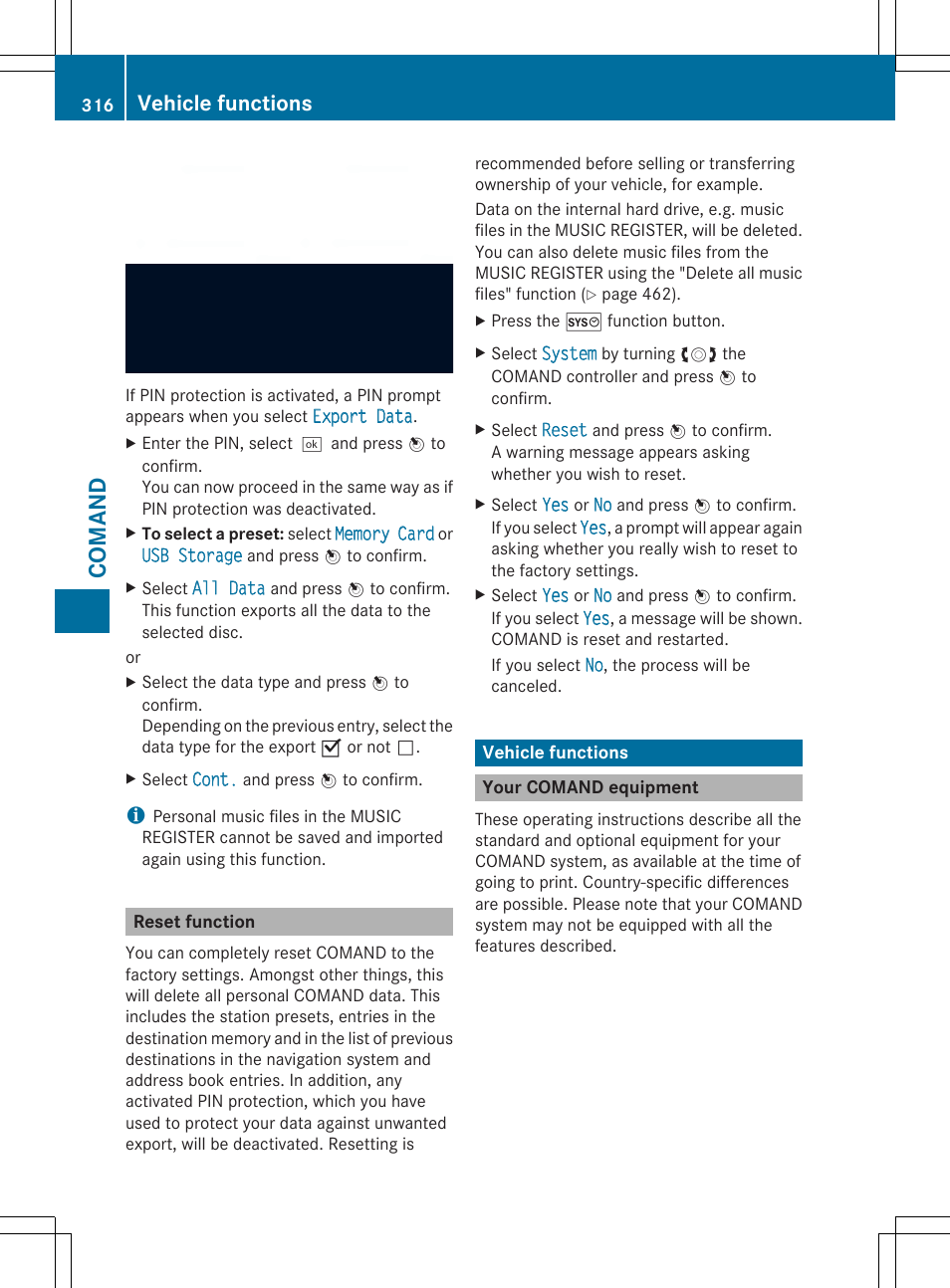 Comand, Vehicle functions | Mercedes-Benz SL-Class 2014 Owners Manual User Manual | Page 318 / 618