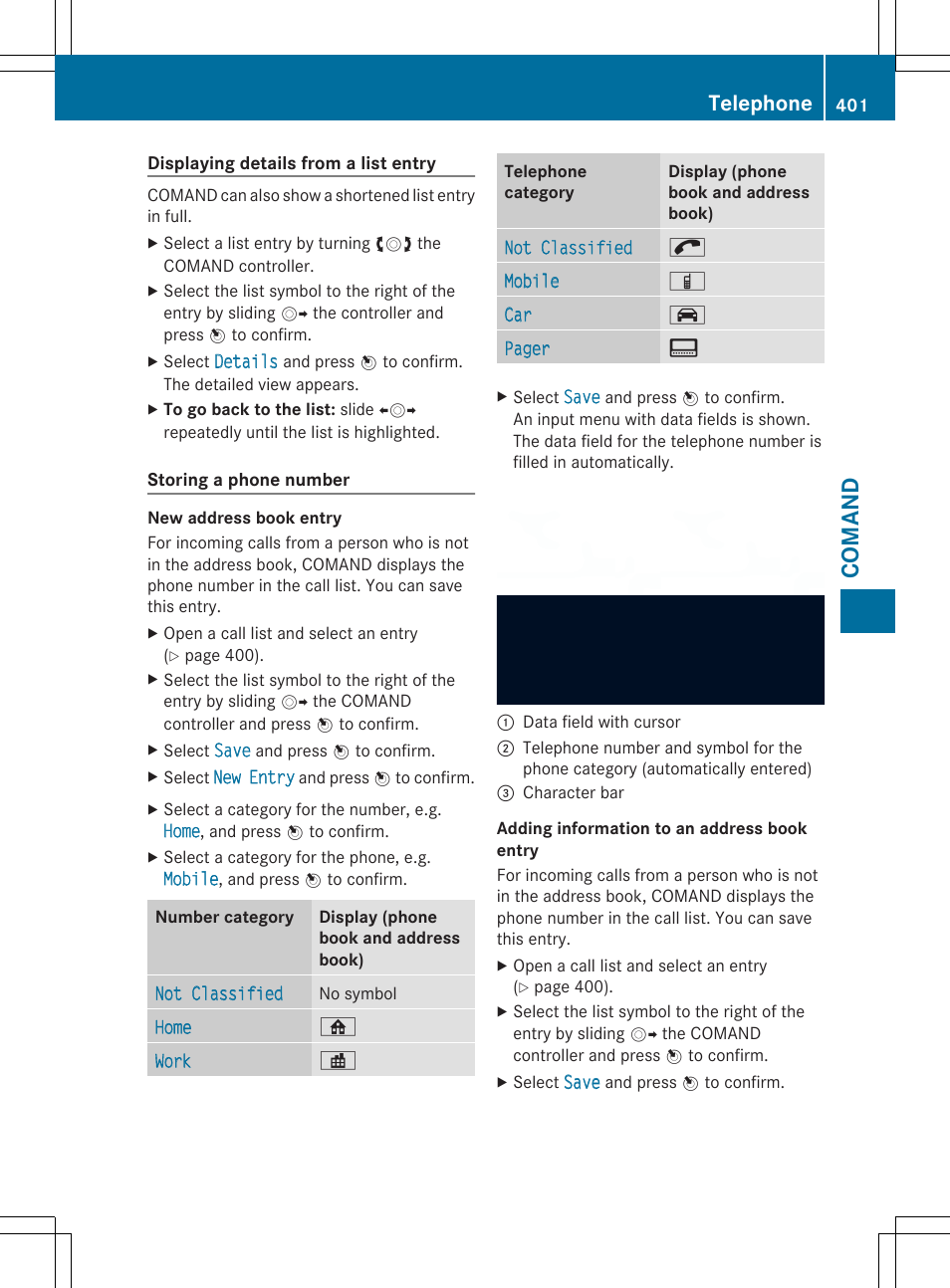 Coman d, Telephone | Mercedes-Benz SL-Class 2014 Owners Manual User Manual | Page 403 / 618