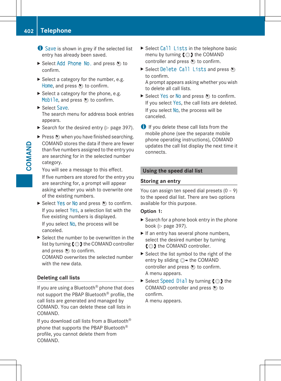Comand, Telephone | Mercedes-Benz SL-Class 2014 Owners Manual User Manual | Page 404 / 618