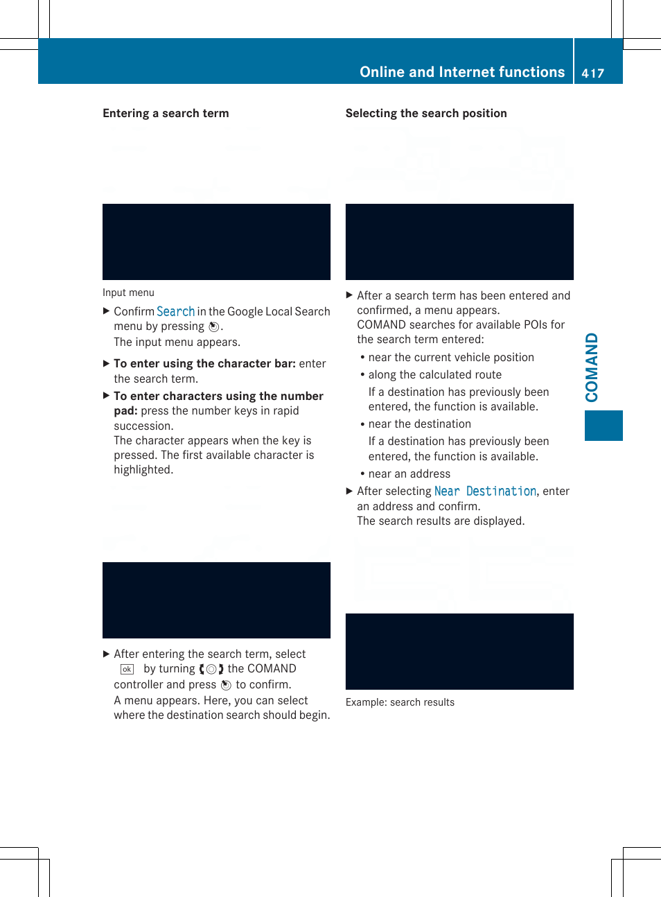 Coman d, Online and internet functions | Mercedes-Benz SL-Class 2014 Owners Manual User Manual | Page 419 / 618
