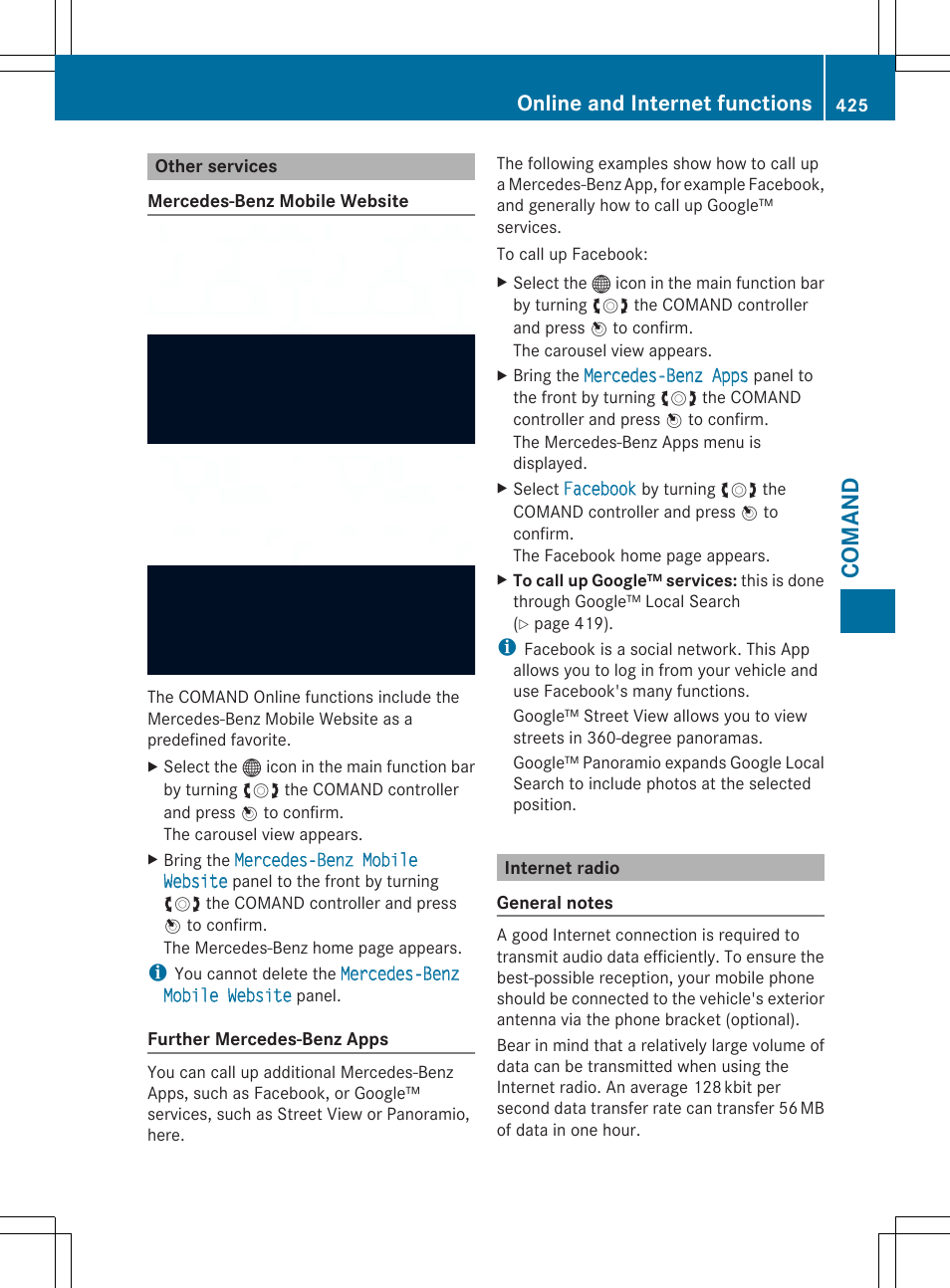Comand, Online and internet functions | Mercedes-Benz SL-Class 2014 Owners Manual User Manual | Page 427 / 618