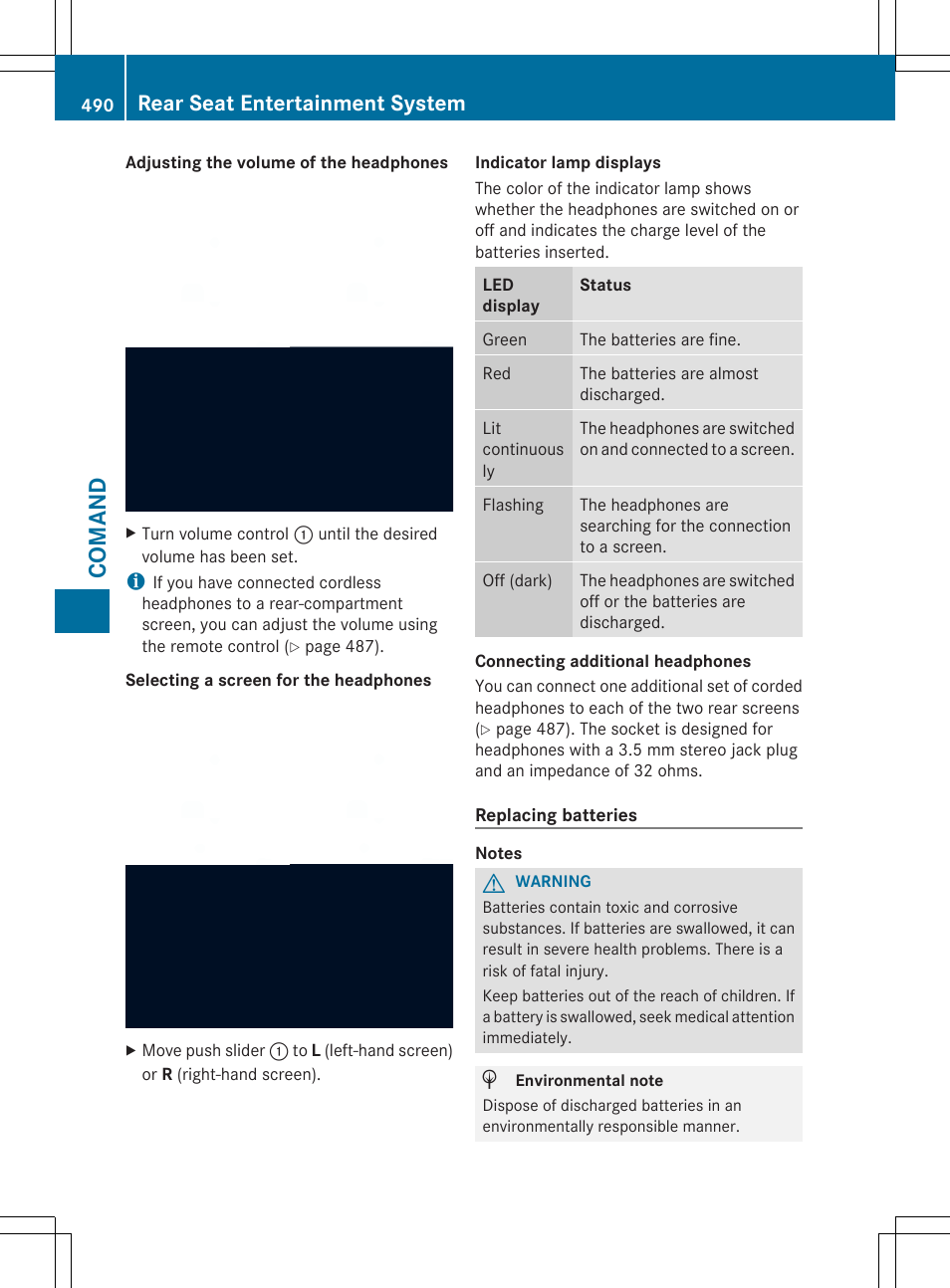 Coman d, Rear seat entertainment system | Mercedes-Benz SL-Class 2014 Owners Manual User Manual | Page 492 / 618