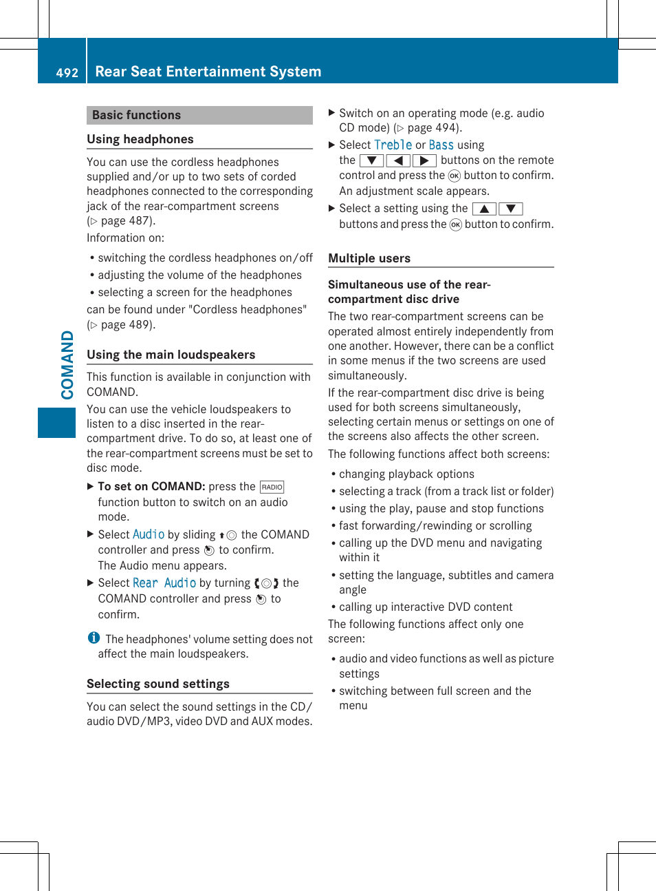 Co ma nd, Rear seat entertainment system | Mercedes-Benz SL-Class 2014 Owners Manual User Manual | Page 494 / 618