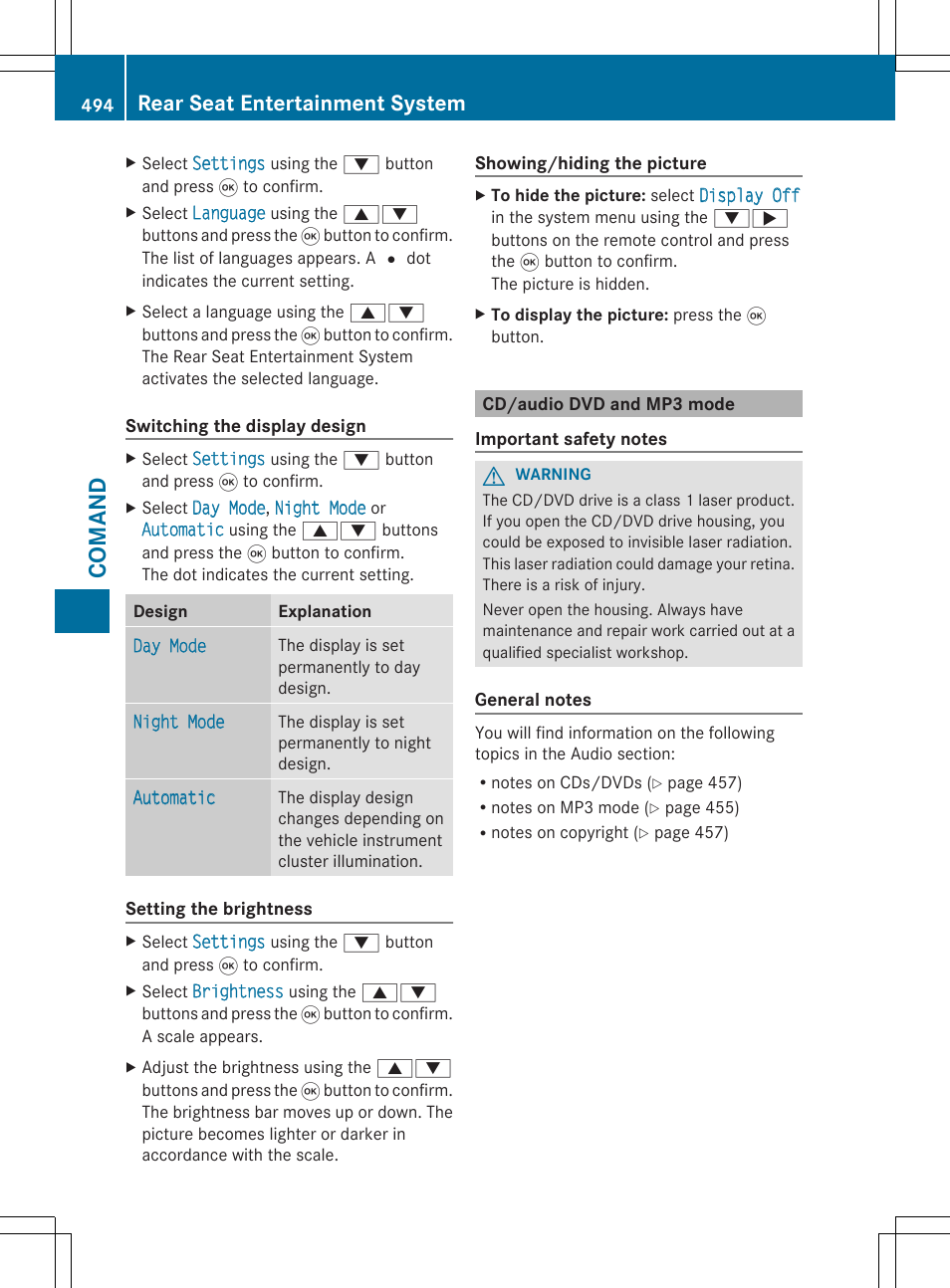 Co ma nd, Rear seat entertainment system | Mercedes-Benz SL-Class 2014 Owners Manual User Manual | Page 496 / 618