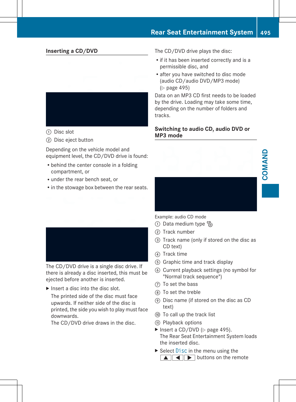Coman d, Rear seat entertainment system | Mercedes-Benz SL-Class 2014 Owners Manual User Manual | Page 497 / 618